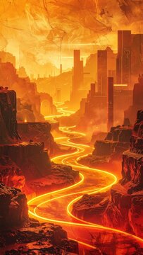Futuristic city landscape featuring a glowing river of lava flowing through fiery canyons and modern skyscrapers.