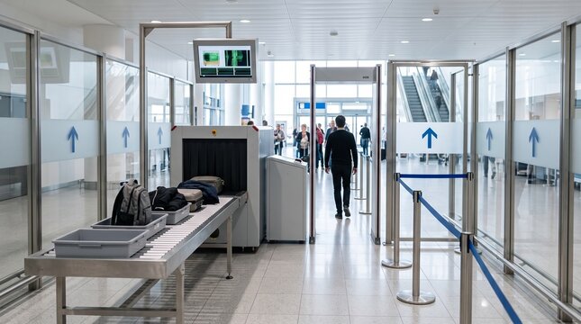 Modern security checkpoint at the airport with baggage scanner and metal detector arch