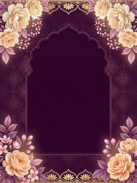 Elegant purple wedding invitation background with roses and gold arch