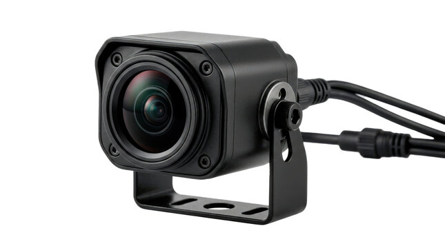 Compact backup camera with small weatherproof housing, wide-angle glass lens and adjustable mounting bracket, modern automotive safety device for rear visibility. Photorealistic studio electronics