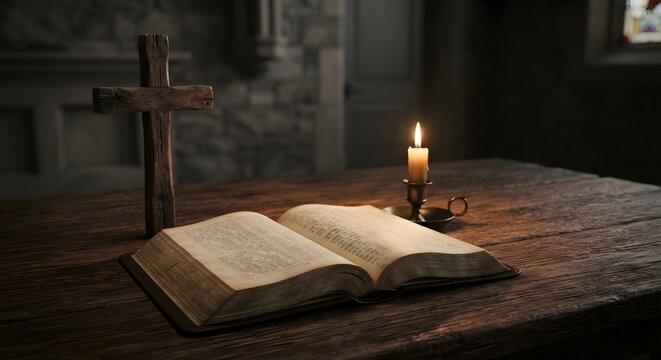 Premium Good Friday still life with open Bible, wooden cross, and burning candle on rustic table