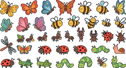 Obraz premium Cute Garden Insect Sticker Vector Set Featuring Cartoon Butterflies Honey Bees Worker Ants Spotted Ladybugs and Crawling Caterpillar Garden Bug Characters