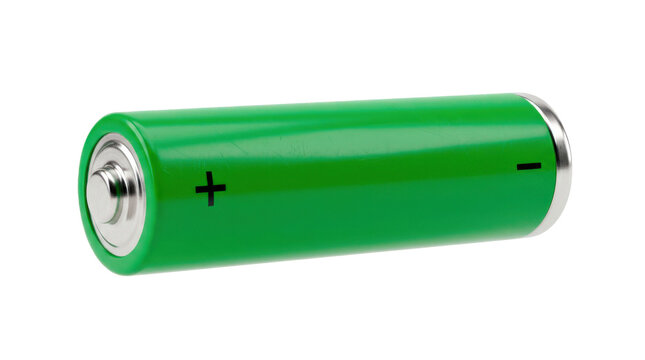 Green AA battery with smooth cylindrical casing, raised positive terminal and clearly visible plus and minus polarity symbols, clean generic power-cell design. Photorealistic product photography, 3/4