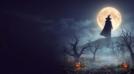 Fototapeta premium Dark Fantasy Halloween Scene with Witch and Moon 4K