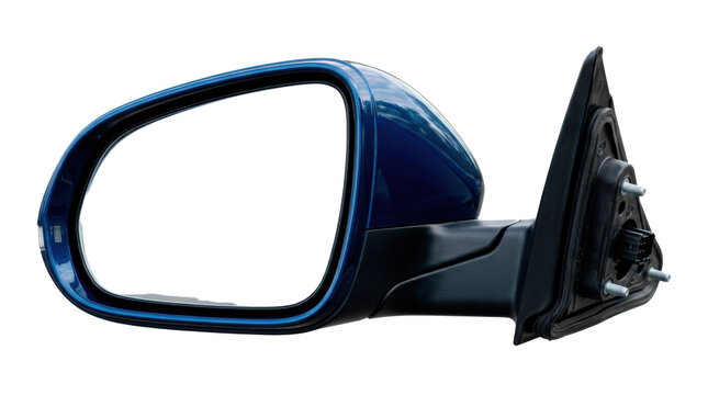Automotive side-view mirror assembly with a sleek painted aerodynamic housing and clear reflective glass. Photorealistic, front 3/4 view, horizontal orientation, ultra-high-resolution 8K, on a pure