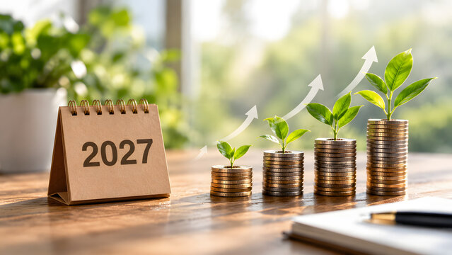 A conceptual image representing financial growth, wealth accumulation, savings, and investment success, featuring stacks of coins and a money jar growing naturally in a lush garden while being watered