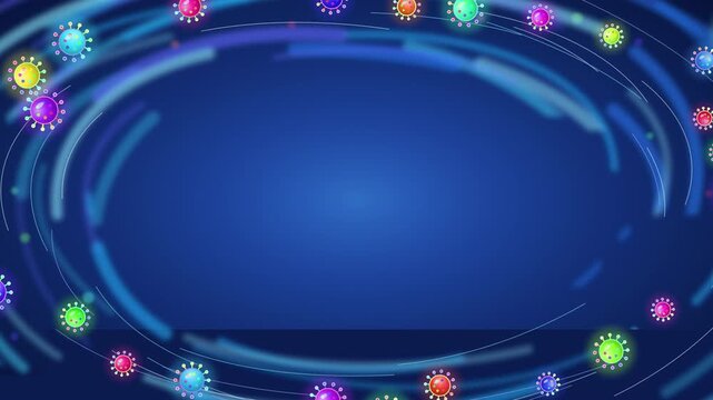 Rainbow virions drift in a swirl of electric blue fluid seamless loop
