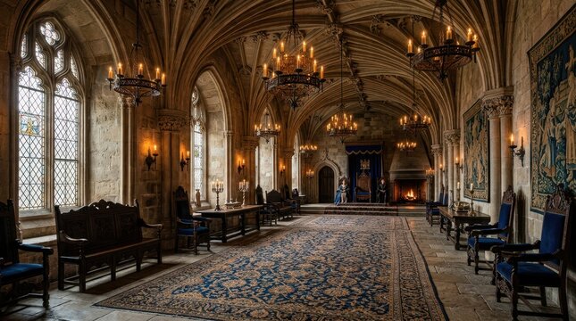 Grand medieval gothic chamber interior with stone arches and ornate royal throne room seating
