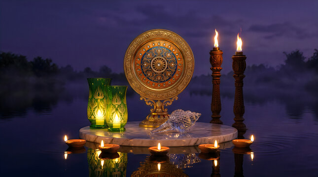 Golden buddhist wheel of law symbol with glowing oil lamps and candles on a wooden table at night with a dark purple sky background for religious celebration and spiritual meditation