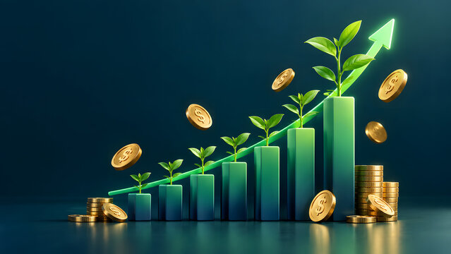 A conceptual image representing financial growth, wealth accumulation, savings, and investment success, featuring stacks of coins and a money jar growing naturally in a lush garden while being watered