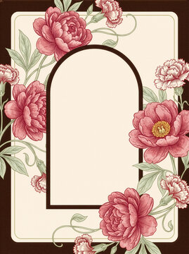 Vintage engraved peony and carnation flower background with arch frame and blank copy space
