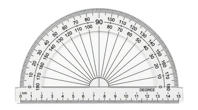 Clear plastic protractor with a semi-circular shape, crisp black degree markings, and a straight ruler edge. Photorealistic, top view, horizontal orientation, ultra-high-resolution 8K, on a pure white