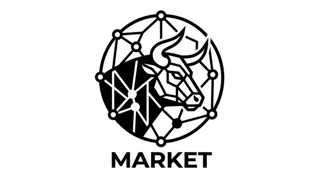 Bull head logo with network lines and market text.