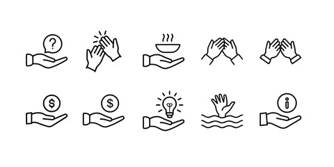 Fototapeta premium Helping Hands and Charity line icons set with information, light bulb, applause, food care, donation & more vector illustration with editable stroke.
