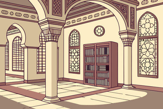 Arabic grand library interior featuring ornate arches elegant columns and traditional bookshelves in  heritage architecture for education themes generated ai