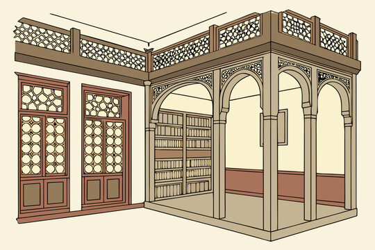 Arabic traditional library interior featuring ornate arches elegant columns and historic bookshelves in cultural heritage architecture design setting generated ai