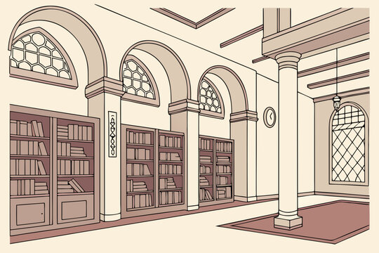Arabic traditional library interior featuring ornate arches elegant columns and historic bookshelves in cultural heritage architecture design setting generated ai