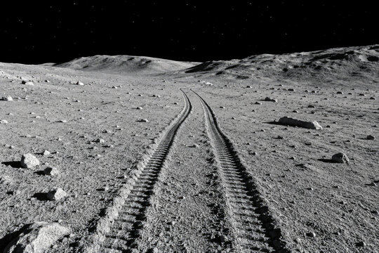 Parallel rover tracks curve across fine gray lunar dust between rocks and small craters before disappearing over a rise. Lasting traces of robotic exploration