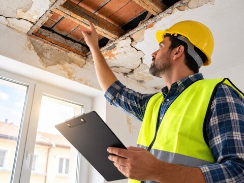 A construction inspector in a hard hat and high-visibility vest assesses damage in a ceiling.
