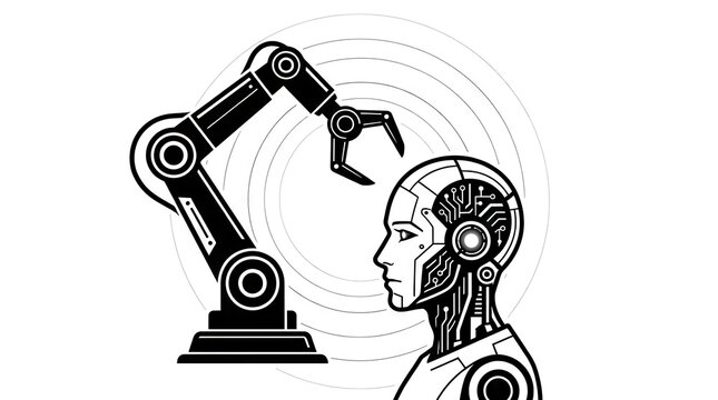 Robotic arm assembling artificial intelligence humanoid robot head.