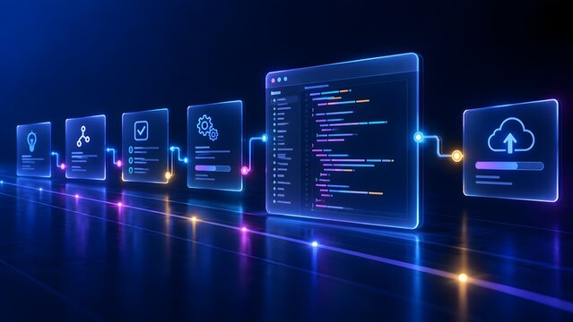 Software Development Life Cycle Workflow With Code Window And Cloud Upload