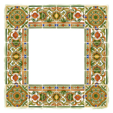 Elegant ornate ceramic tile border with colorful floral motifs, geometric patterns, and Mediterranean-inspired decorative design.

