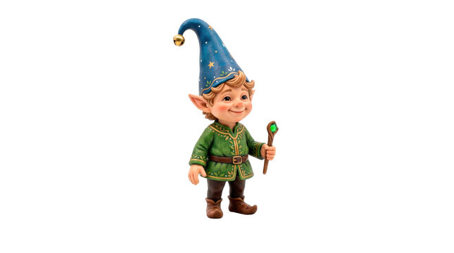 Small elf figurine with sculpted cheerful face, pointed ears, green tunic and tall blue hat integrated into the character design, whimsical fantasy collectible on a simple base. Photorealistic studio