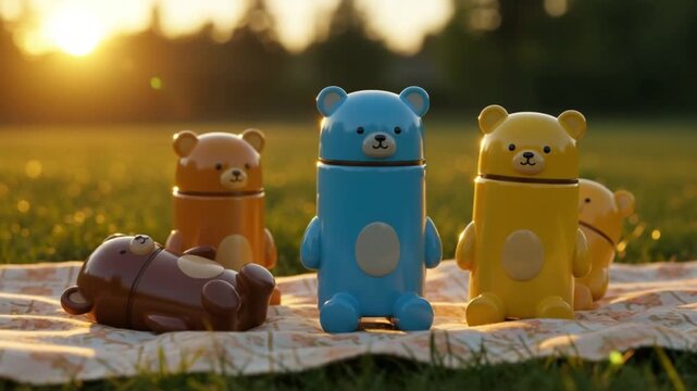 Cute bear-shaped thermoses on a picnic blanket in a grassy field at sunset