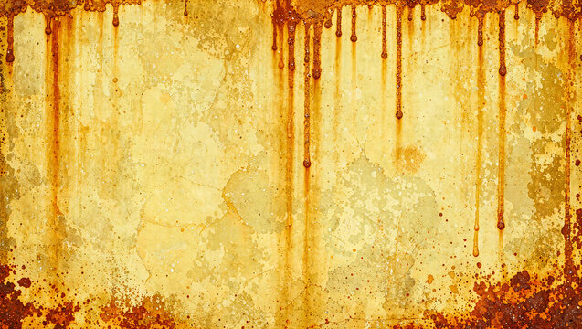 Old faded yellow grunge background with rust drips and stained corners