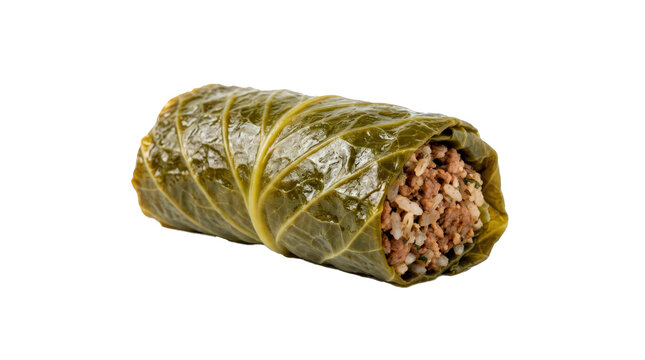 Single stuffed cabbage roll with tender cabbage leaf wrapped around savory meat-and-rice filling, compact cylindrical shape and glossy cooked surface; photorealistic food photography, 3/4 view,