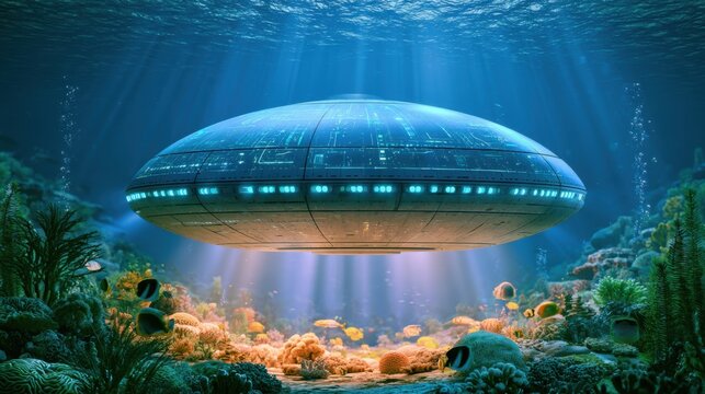 Mysterious UFO-shaped spacecraft hovering above ocean floor surrounded by coral reef