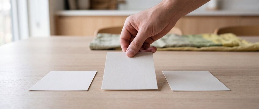 Choosing Between Options: A hand hovers over three blank white cards laid out on a light wooden table, symbolizing decision-making and contemplation.