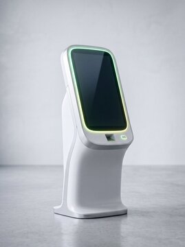 Interactive Kiosk with LED Accent: A sleek, modern interactive kiosk stands ready for service, its touchscreen display illuminated with a subtle green LED light strip.