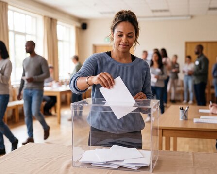 Casting a Ballot: A woman casts her vote in an election, surrounded by other citizens participating in the democratic process.