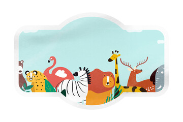 Obraz premium PNG animal kingdom, cartoon illustration sticker, badge shape with white border in transparent background