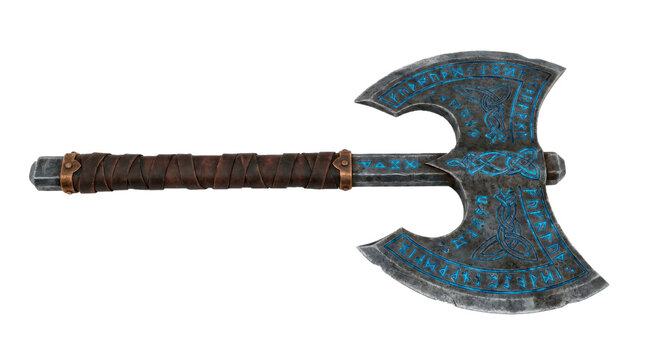 Fantasy battle axe with a double-sided massive steel blade, intricate dwarven runes engraved on the head, and a leather-wrapped handle. Photorealistic, top 3/4 view, horizontal orientation,