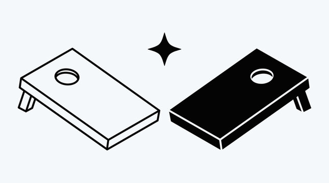 Minimalist Vector Illustration of Two Cornhole Boards in Black and White Perspective View, Outdoor Lawn Game Equipment Icon Set with a Sparkle Symbol, Isolated on White Background