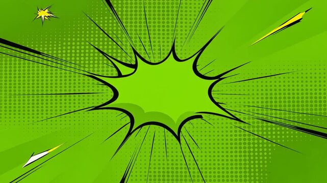 Green comic book background with explosion effect, dynamic speed lines and halftones pattern