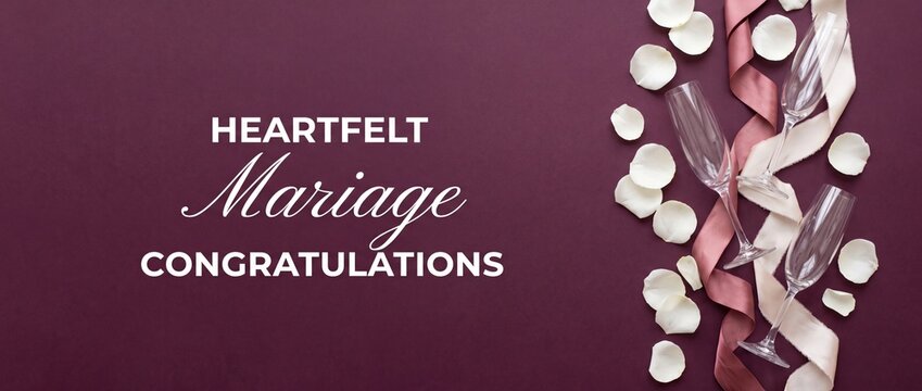 Wedding congratulation background champagne flutes white rose petals flat lay top view design for marriage celebration romantic banner elegant luxury burgundy background greeting card layout copy spac