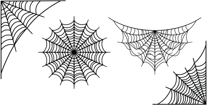 A collection of hand drawn spider web illustrations featuring different shapes and styles isolated on a plain white background for creative design