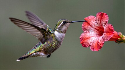 Obraz premium Two hummingbirds hover near a pink flower, wings blurred in motion.