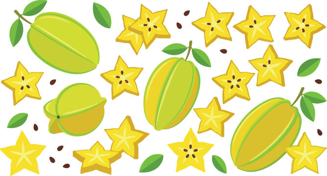 Fresh yellow carambola vector illustration set with whole star fruit star-shaped slices and leaves