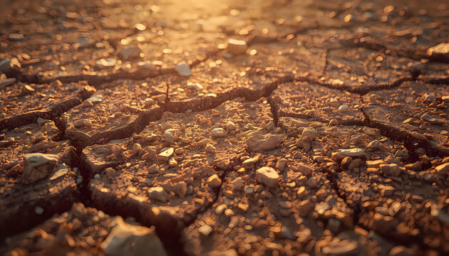 Dry cracked desert earth ground with scattered pebbles under warm sunset golden hour lighting isolated on transparent background