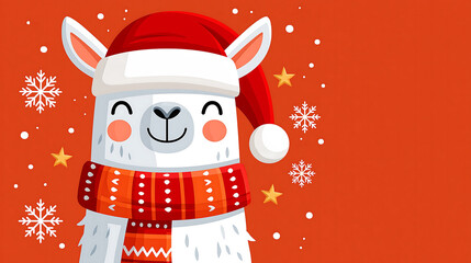 Obraz premium Smiling cartoon alpaca wearing a Santa hat and festive scarf, surrounded by snowflakes and Christmas stars with copy space for holiday-themed products and greetings.