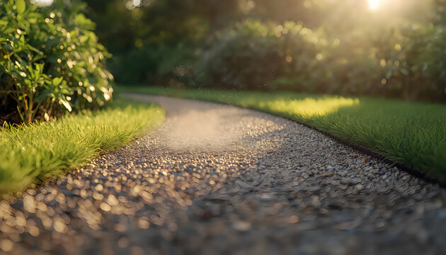 Gravel garden path winding through lush green grass with soft golden sunset sunlight and floating dust particles in nature transparent