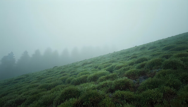 Sloping mountain hillside covered in dense green moss on a foggy day with distant forest silhouette in mist transparent