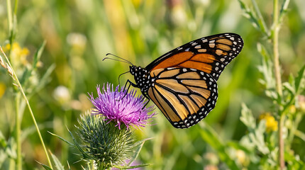 Obraz premium Monarch butterfly perched on a purple thistle flower with orange butterfly