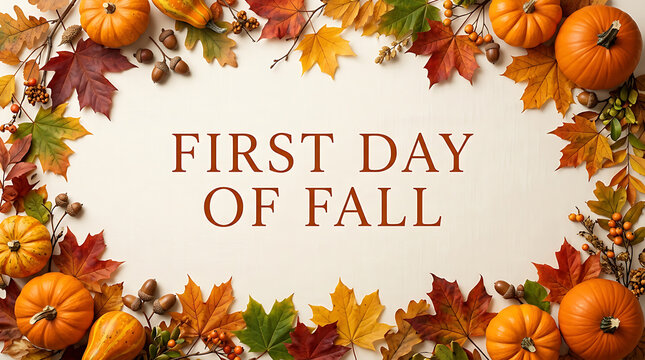 First day of fall greeting card with pumpkins and autumn leaves