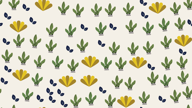 Seamless pattern of stylized green plants and yellow fan shapes
