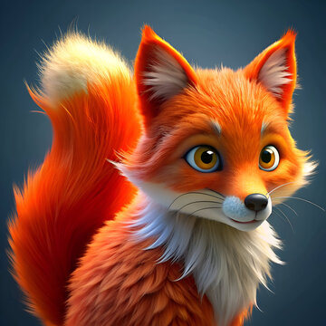 Animated orange fox with white fur details in a studio setting. Cute. friendly fox character with large eyes and soft fur looking directly at viewer.